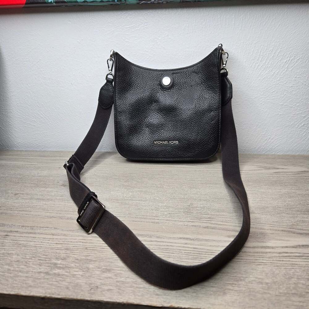 MICHAEL KORS BRILEY SMALL MESSENGER CROSSBODY LEATHER BAG BLACK/SILVER